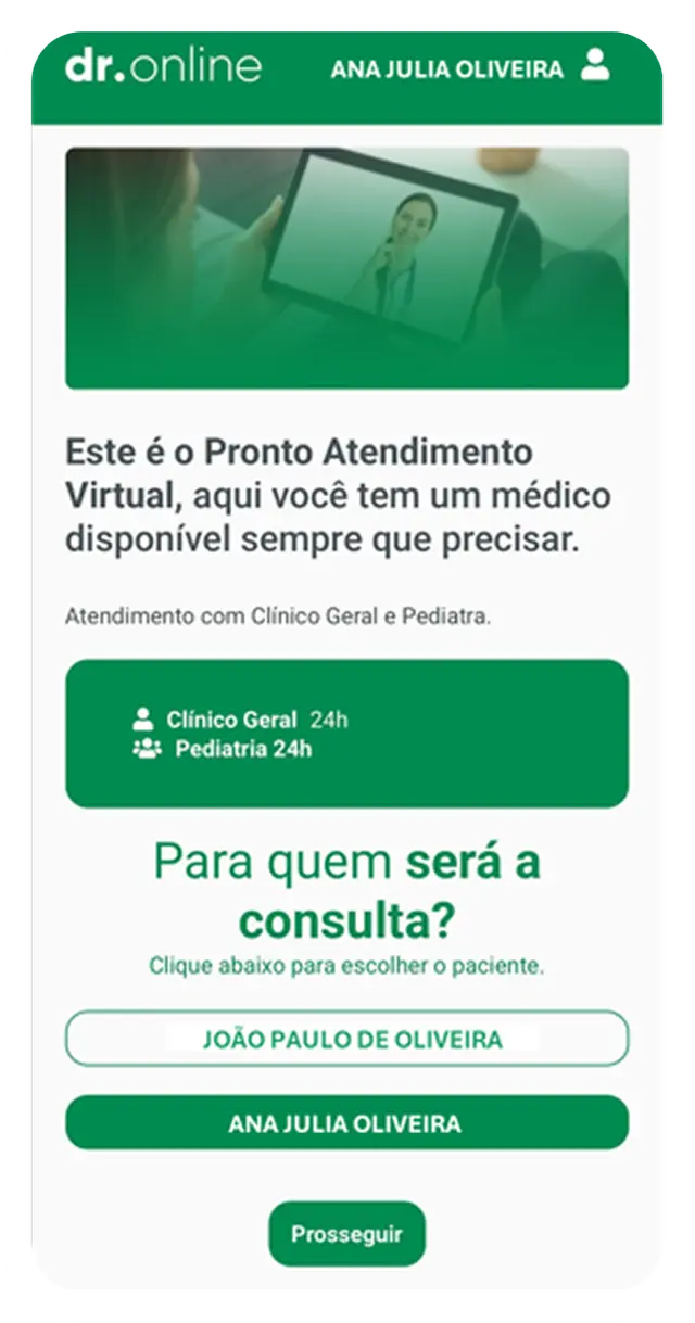Tela do app Dr. Online — Escolha o tipo de atendimento