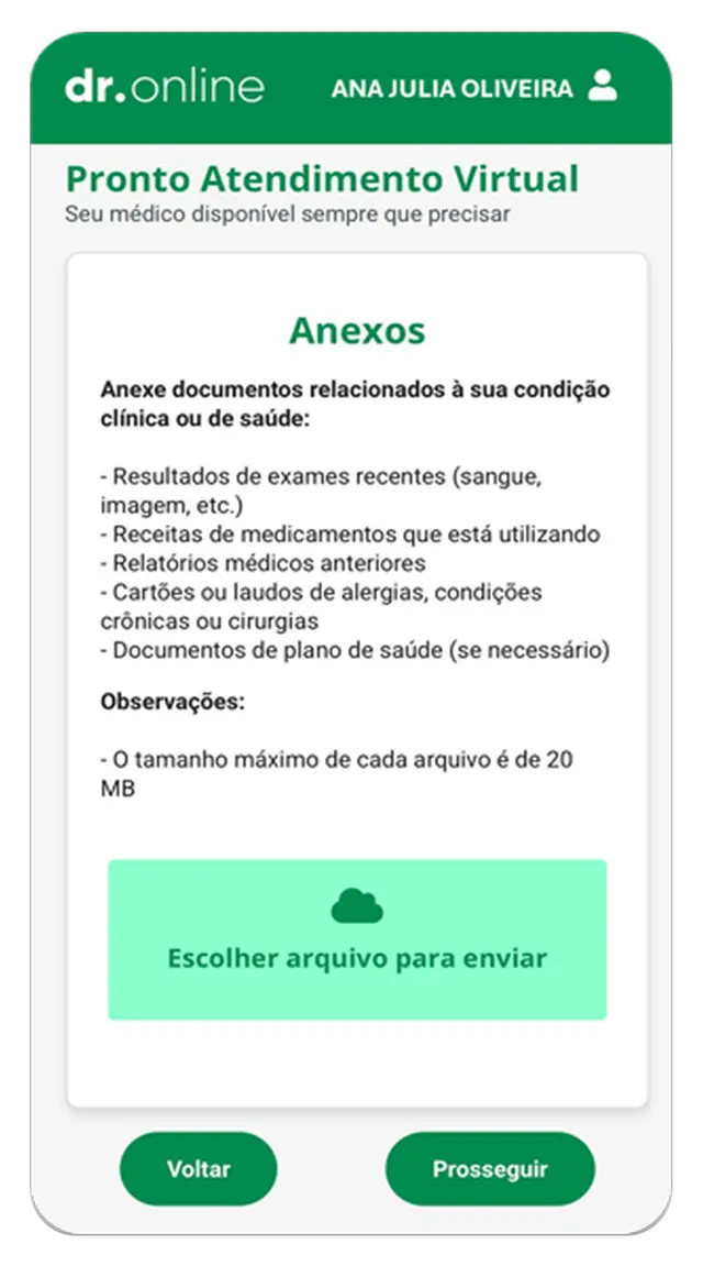 Tela do app Dr. Online — Anexe seus documentos