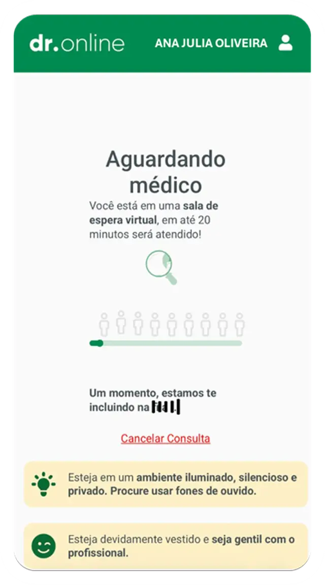 Tela do app Dr. Online — Aguarde na sala de espera virtual